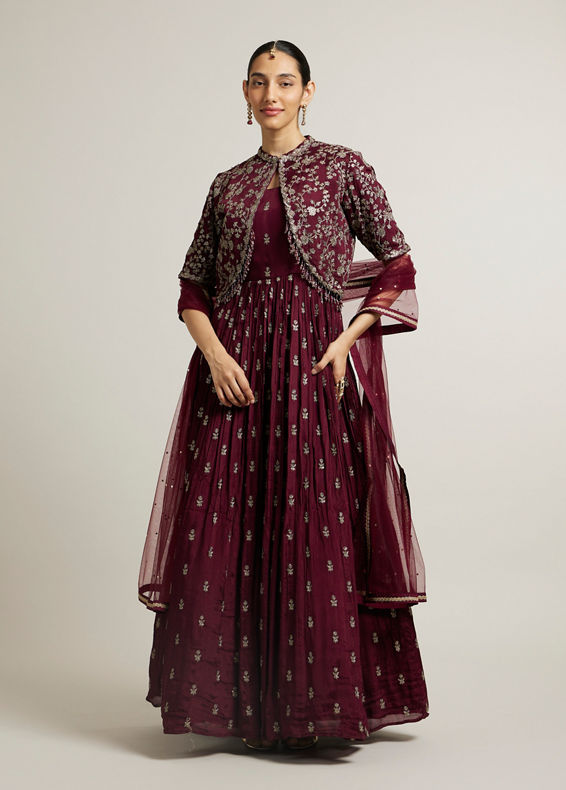 Mohey Women Dark Maroon Embroidered Anarkali Suit with Tassel Trims