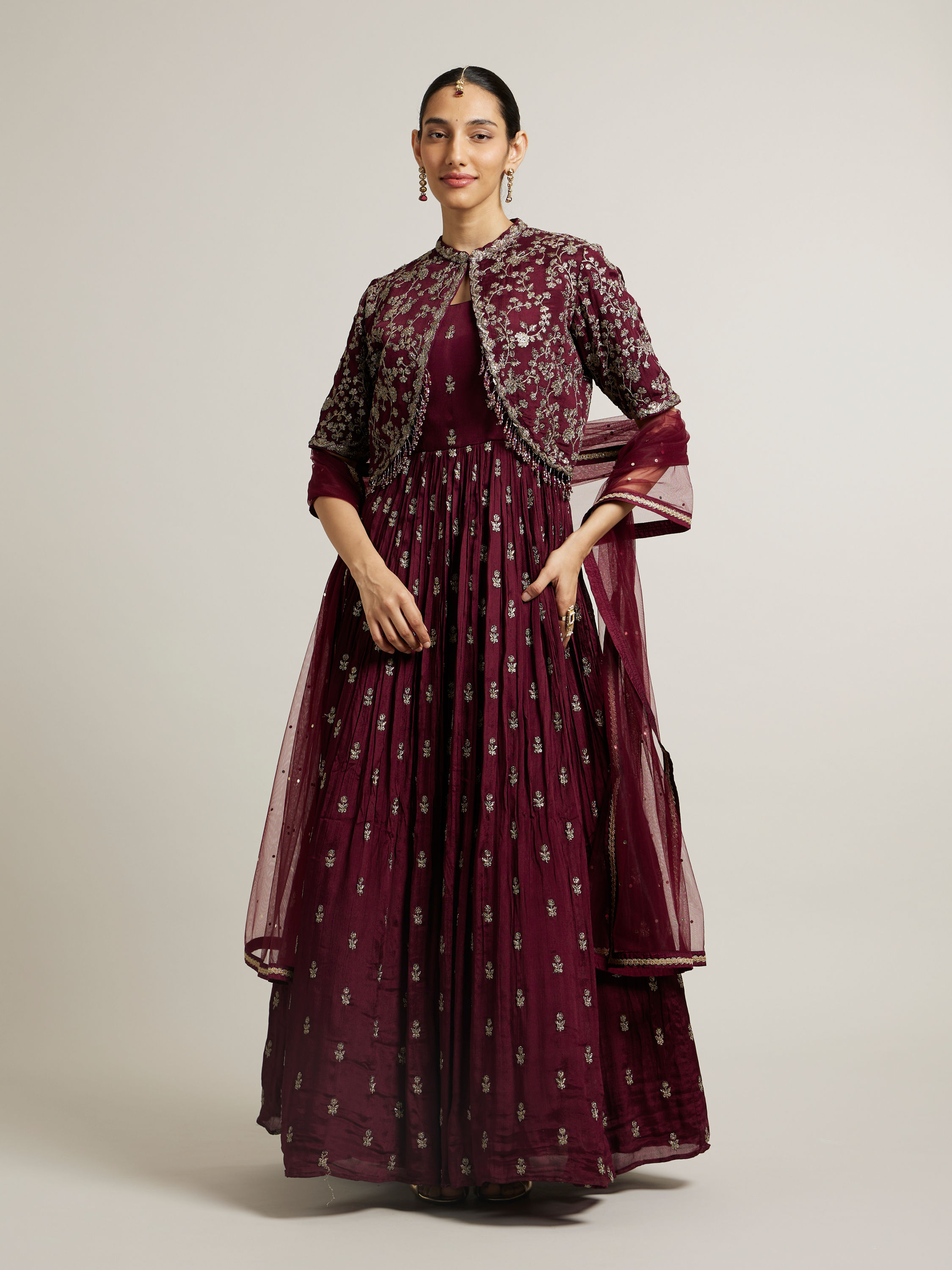 Mohey Women Dark Maroon Embroidered Anarkali Suit with Tassel Trims