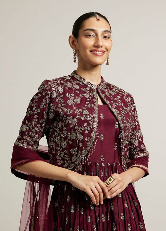 Mohey Women Dark Maroon Embroidered Anarkali Suit with Tassel Trims