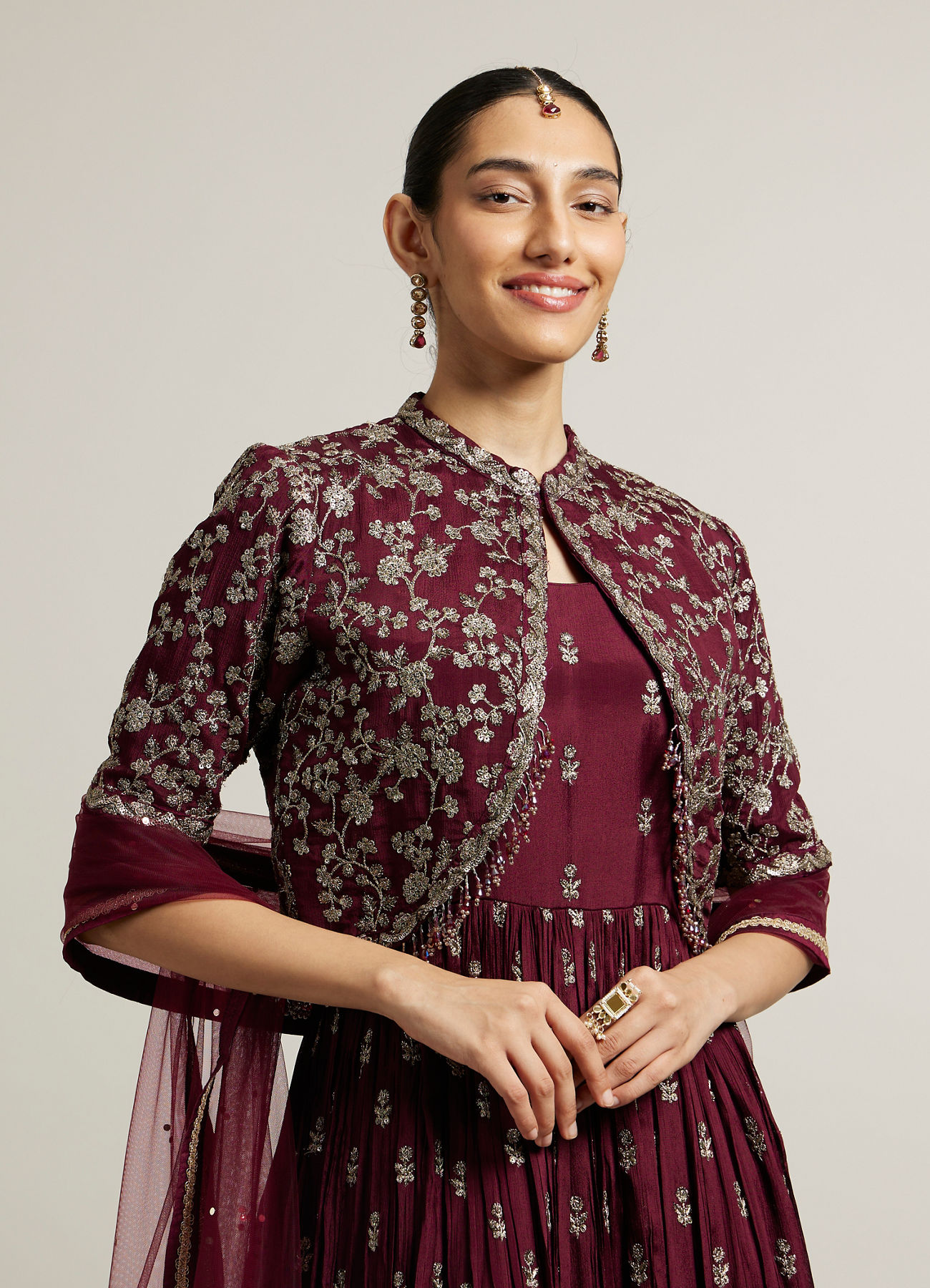 Mohey Women Dark Maroon Embroidered Anarkali Suit with Tassel Trims