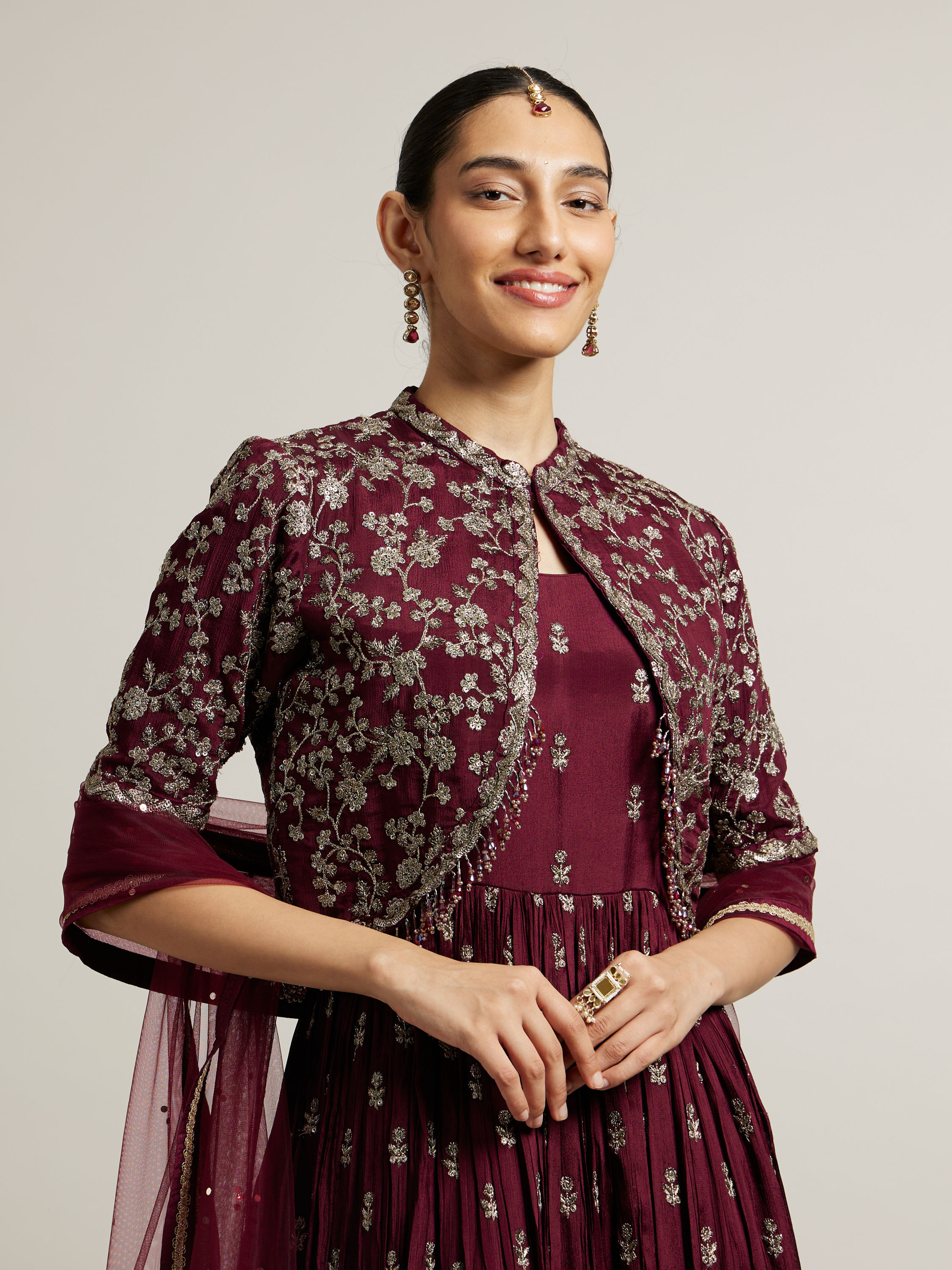 Mohey Women Dark Maroon Embroidered Anarkali Suit with Tassel Trims