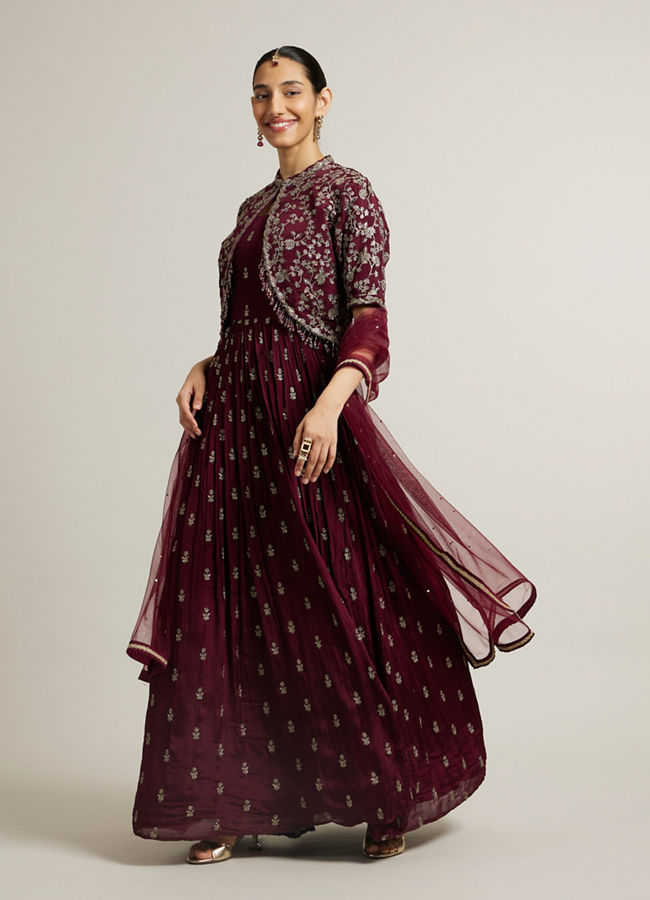Mohey Women Dark Maroon Embroidered Anarkali Suit with Tassel Trims
