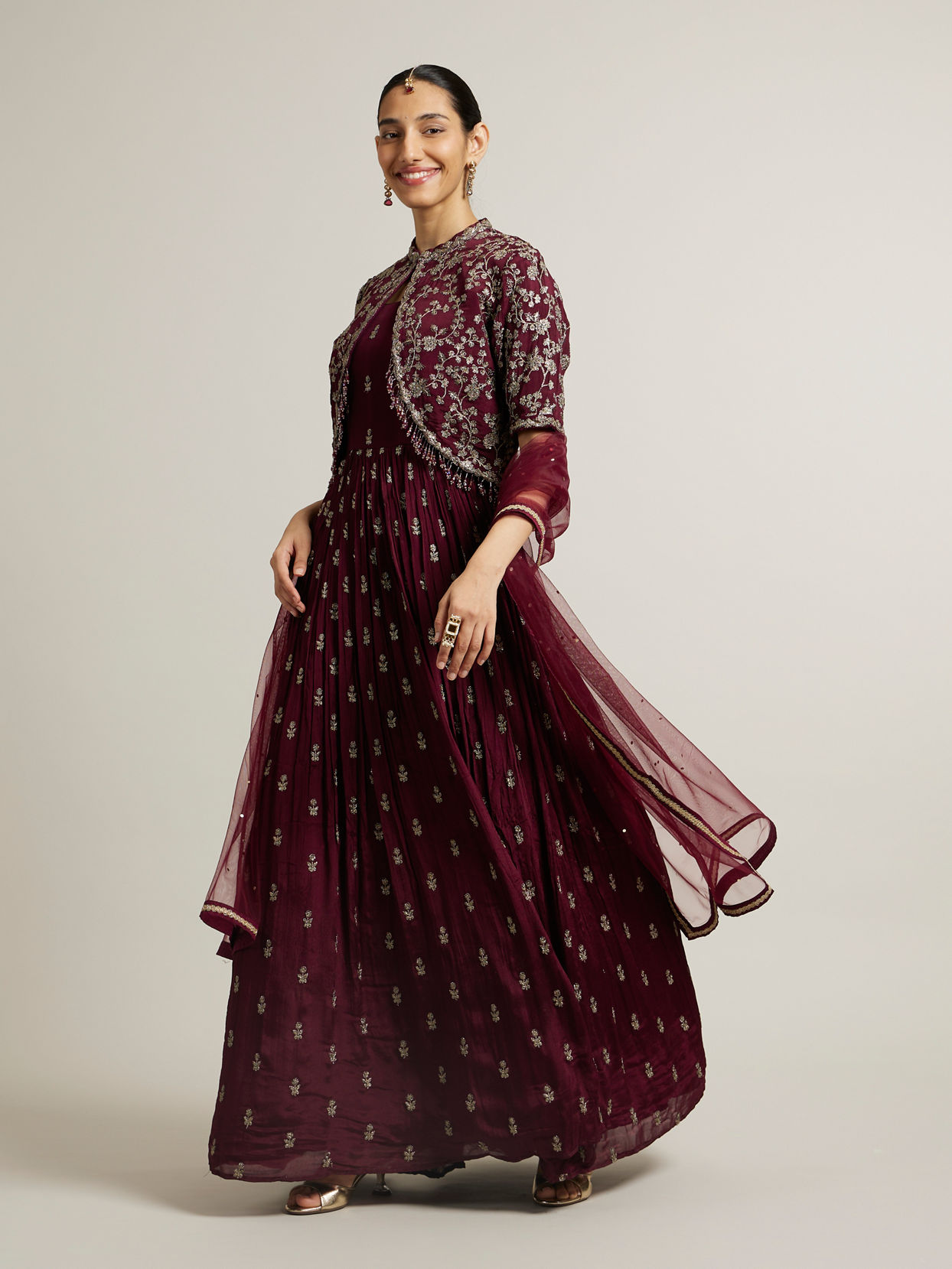 Mohey Women Dark Maroon Embroidered Anarkali Suit with Tassel Trims