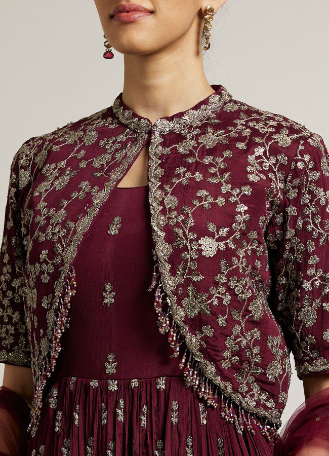 Mohey Women Dark Maroon Embroidered Anarkali Suit with Tassel Trims