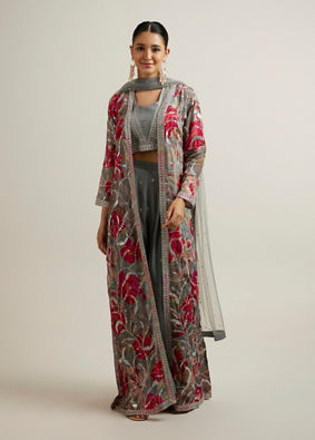 alt message - Mohey Women Enigmatic Grey Georgette with Embroidery and Sequin Stitched Suit image number 0