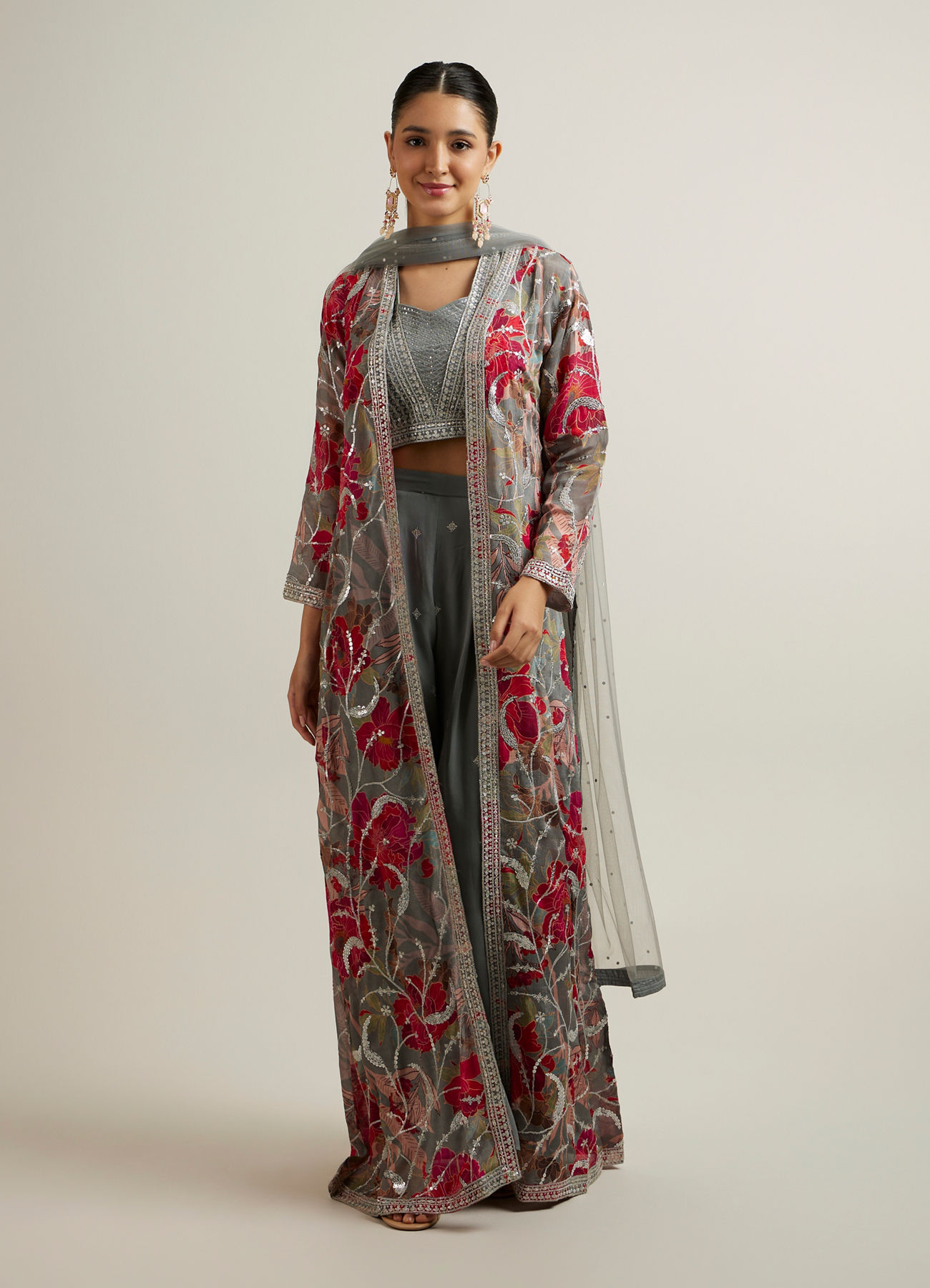Mohey Women Enigmatic Grey Georgette with Embroidery and Sequin Indo Western