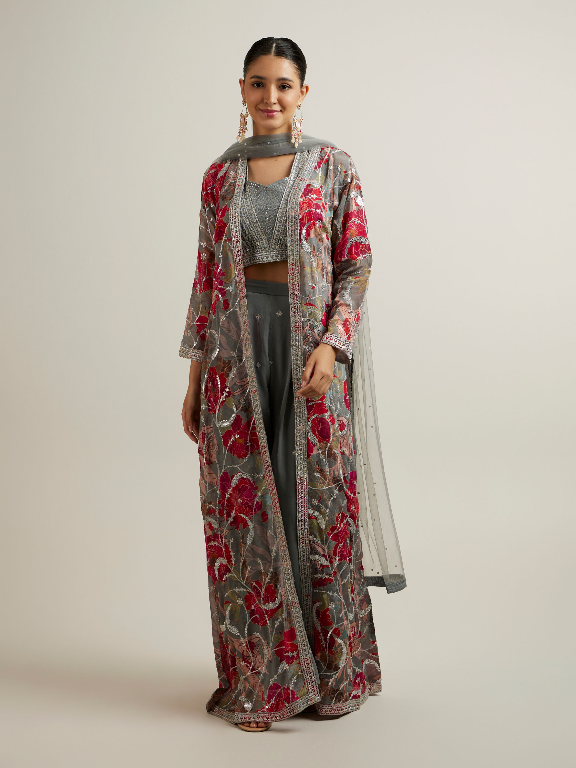Mohey Women Enigmatic Grey Georgette with Embroidery and Sequin Indo Western