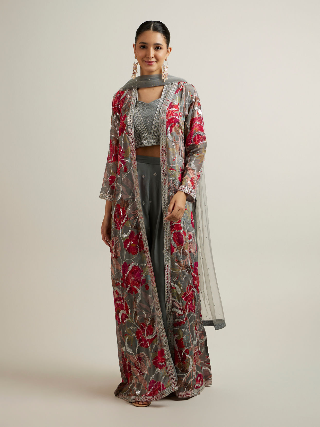 alt message - Mohey Women Enigmatic Grey Georgette with Embroidery and Sequin Stitched Suit image number 0