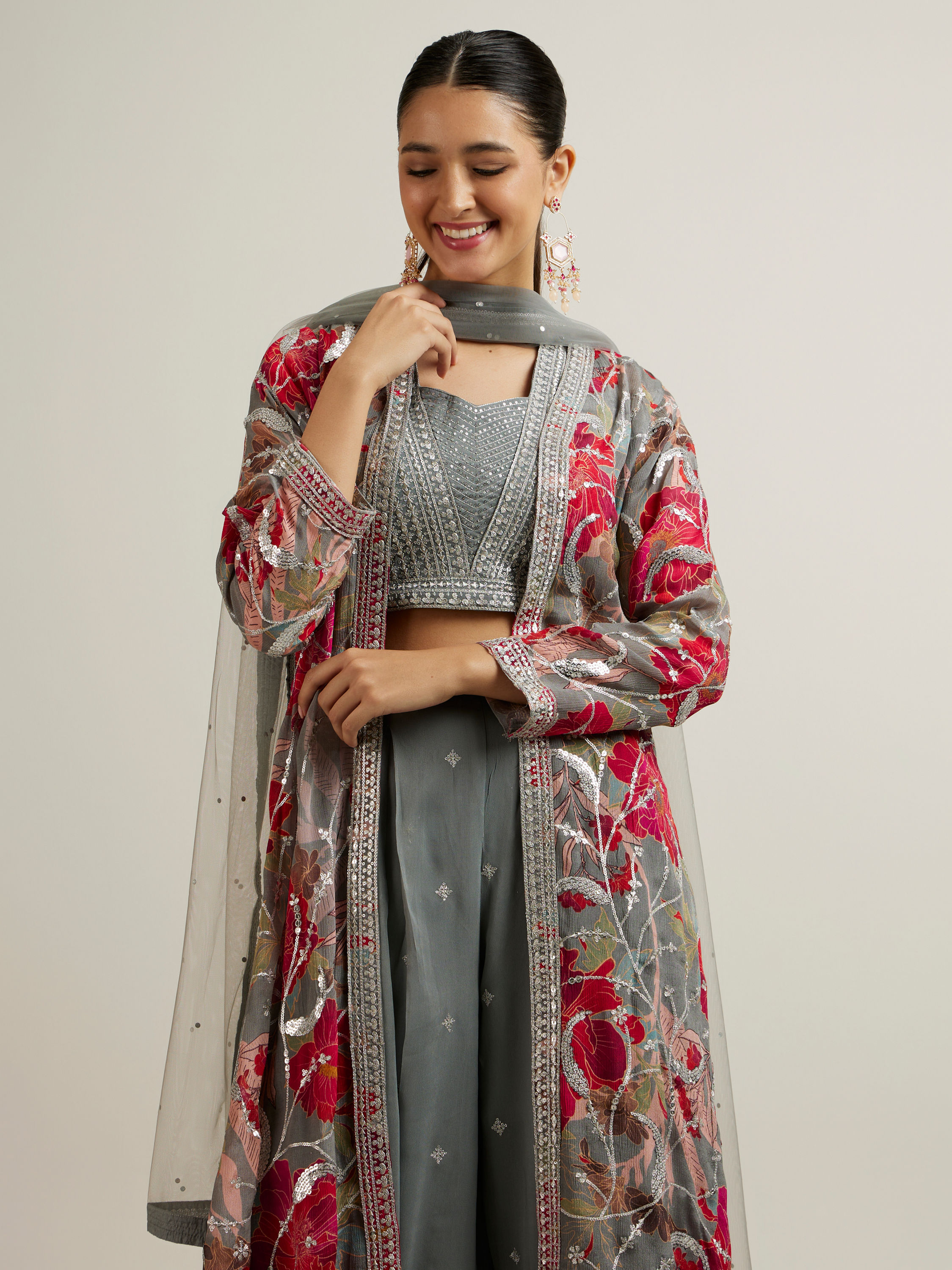Mohey Women Enigmatic Grey Georgette with Embroidery and Sequin Indo Western
