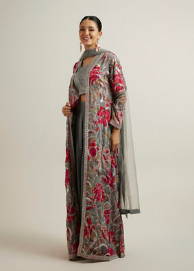 alt message - Mohey Women Enigmatic Grey Georgette with Embroidery and Sequin Stitched Suit image number 2