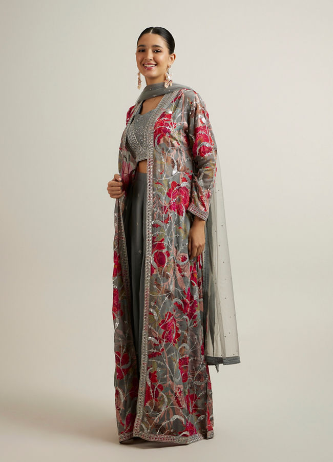 alt message - Mohey Women Enigmatic Grey Georgette with Embroidery and Sequin Stitched Suit image number 2