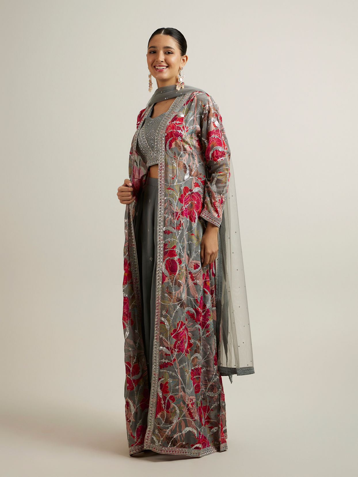 Mohey Women Enigmatic Grey Georgette with Embroidery and Sequin Indo Western