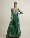 alt message - Mohey Women Green Bel Buti Patterned Stitched Suit with Jacket Cape image number 0