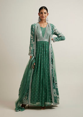Mohey Women Green Bel Buti Patterned Anarkali Suit with Jacket Cape