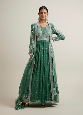 alt message - Mohey Women Green Bel Buti Patterned Stitched Suit with Jacket Cape image number 0