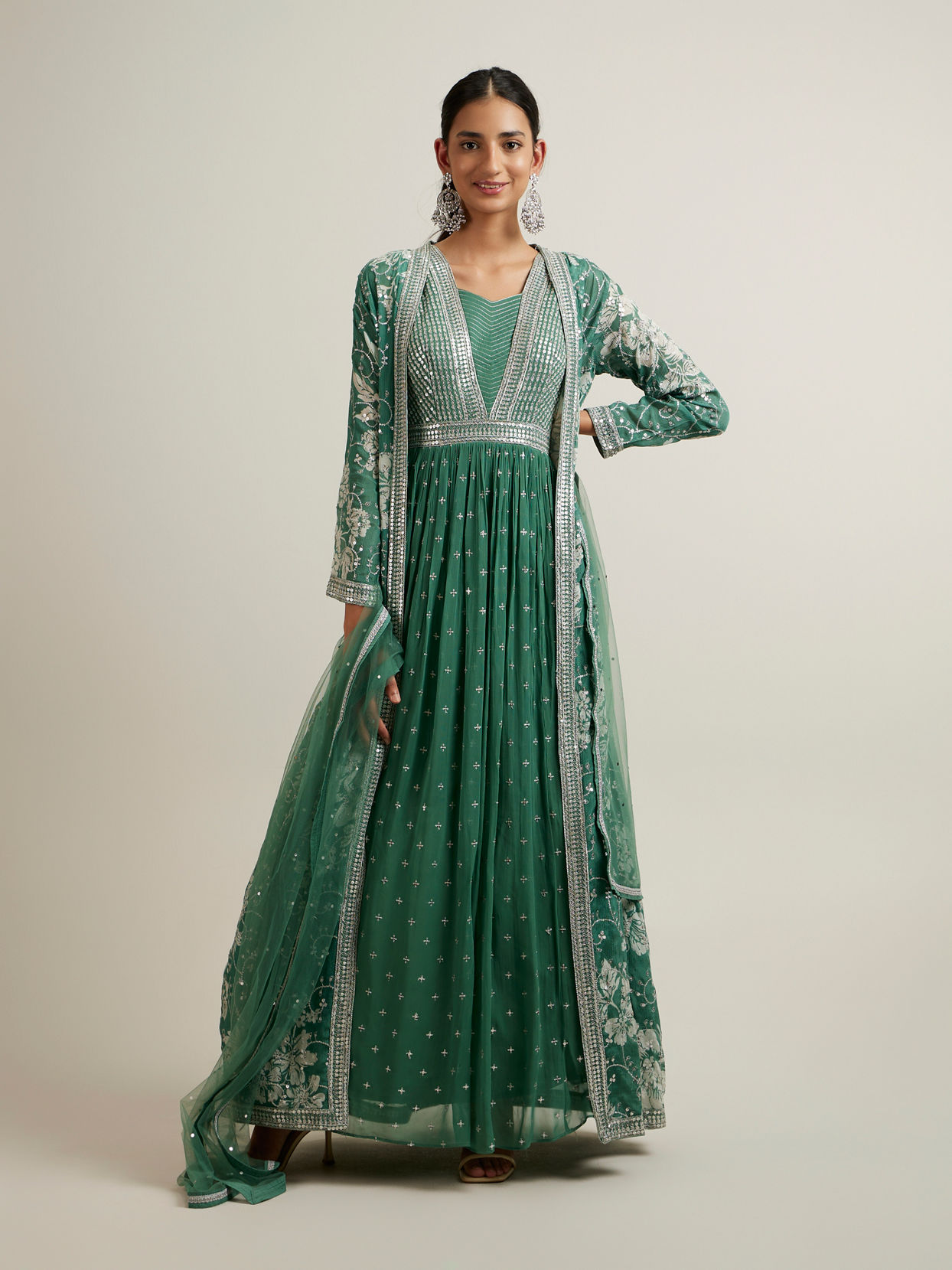 alt message - Mohey Women Green Bel Buti Patterned Stitched Suit with Jacket Cape image number 0