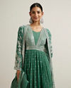 alt message - Mohey Women Green Bel Buti Patterned Stitched Suit with Jacket Cape image number 1