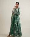 alt message - Mohey Women Green Bel Buti Patterned Stitched Suit with Jacket Cape image number 2