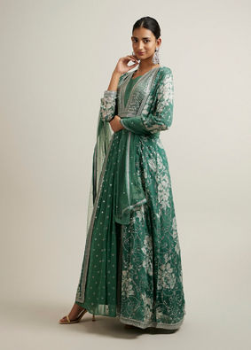 alt message - Mohey Women Green Bel Buti Patterned Stitched Suit with Jacket Cape image number 2