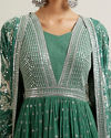 Mohey Women Green Bel Buti Patterned Anarkali Suit with Jacket Cape