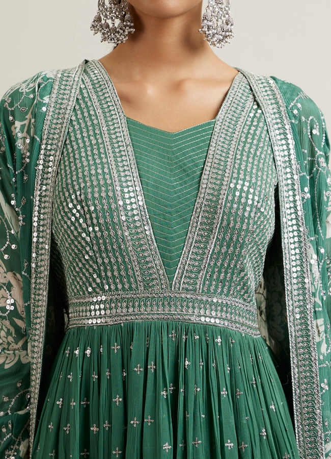 Mohey Women Green Bel Buti Patterned Anarkali Suit with Jacket Cape