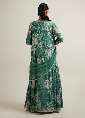 alt message - Mohey Women Green Bel Buti Patterned Stitched Suit with Jacket Cape image number 4