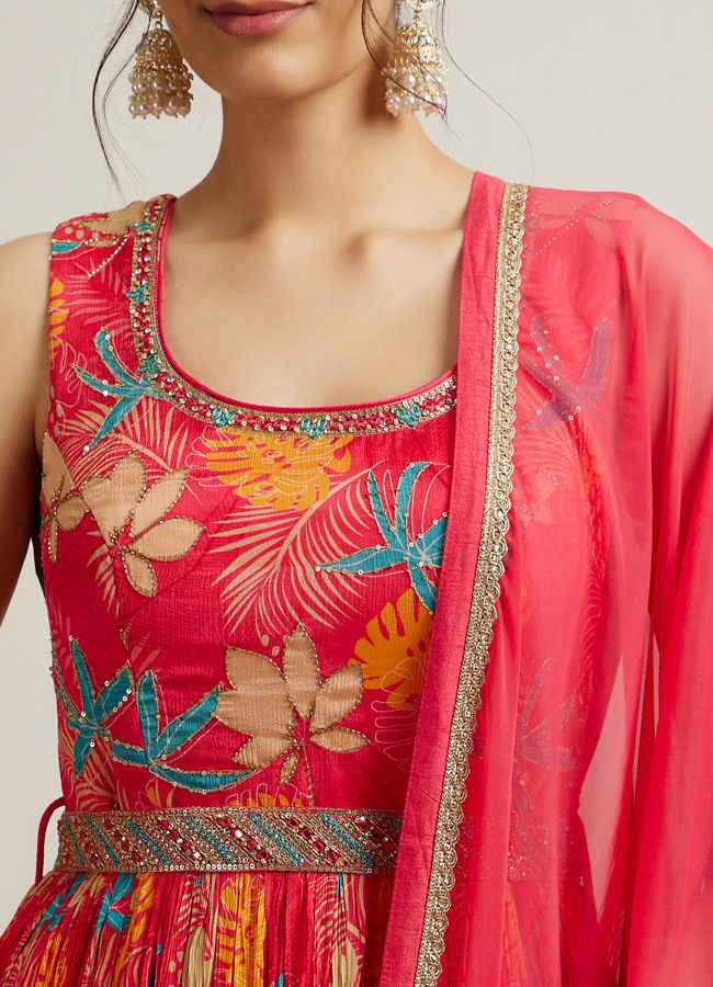 Mohey Women Rani Pink Floral Patterned Sequinned Anarkali Suit