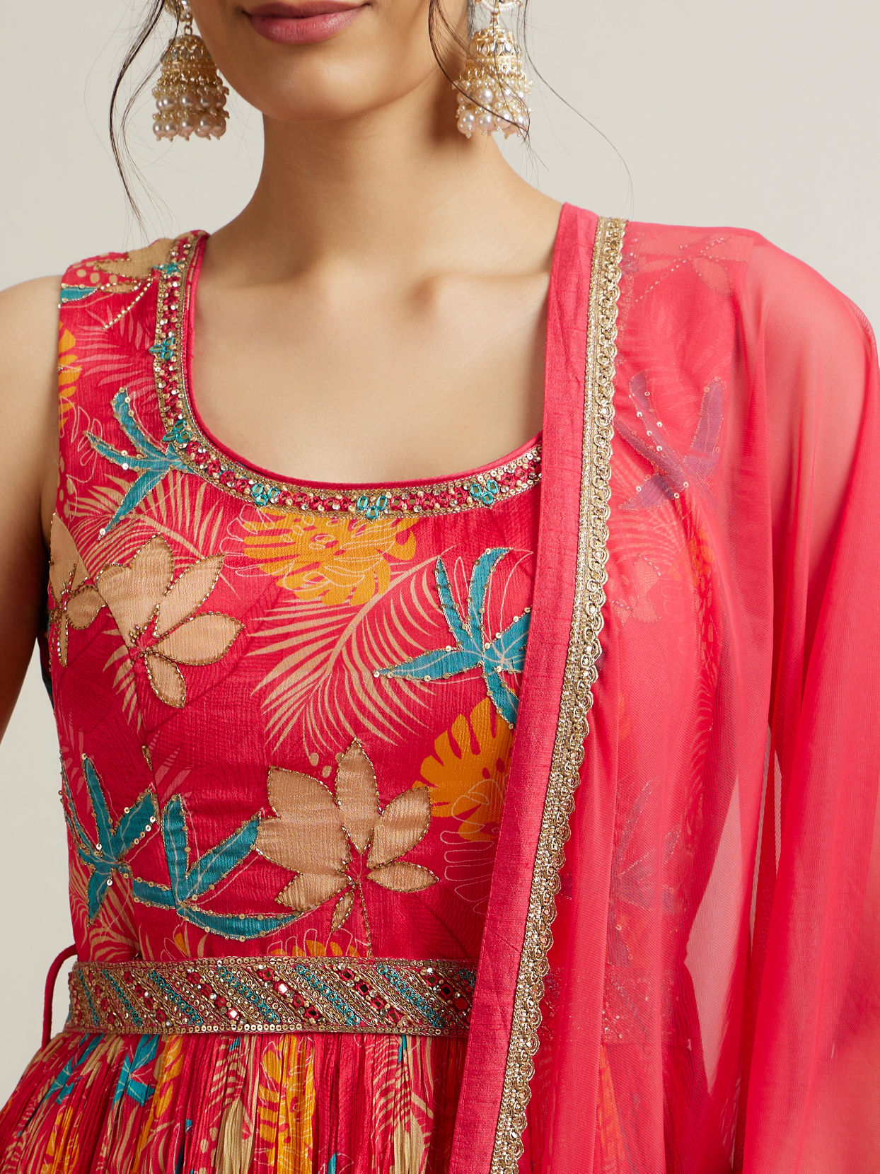 Mohey Women Rani Pink Floral Patterned Sequinned Anarkali Suit