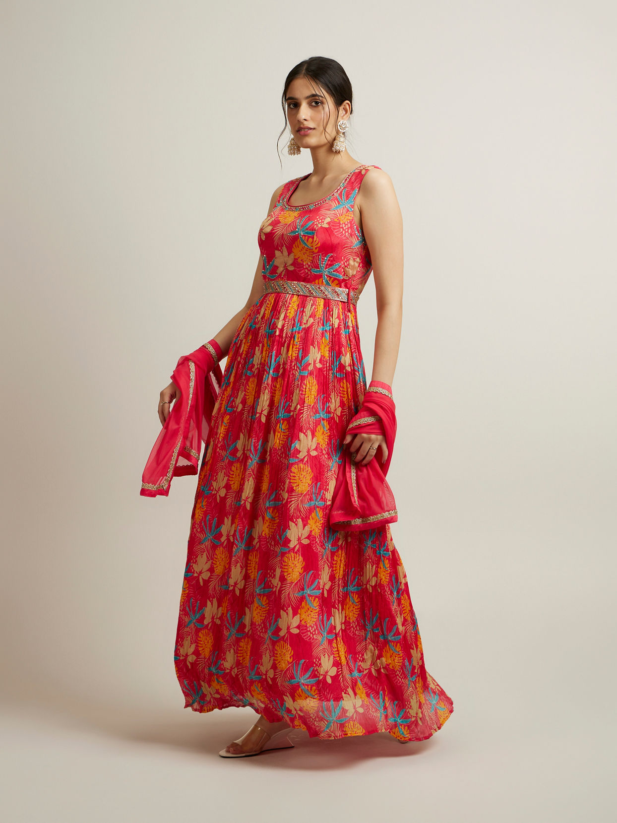 Mohey Women Rani Pink Floral Patterned Sequinned Anarkali Suit