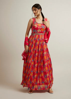 Mohey Women Rani Pink Floral Patterned Sequinned Anarkali Suit