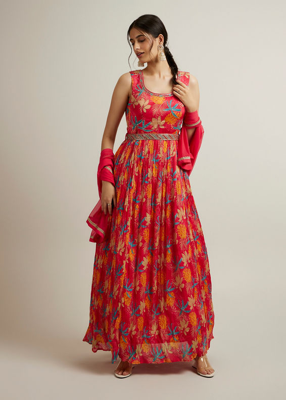 Mohey Women Rani Pink Floral Patterned Sequinned Anarkali Suit