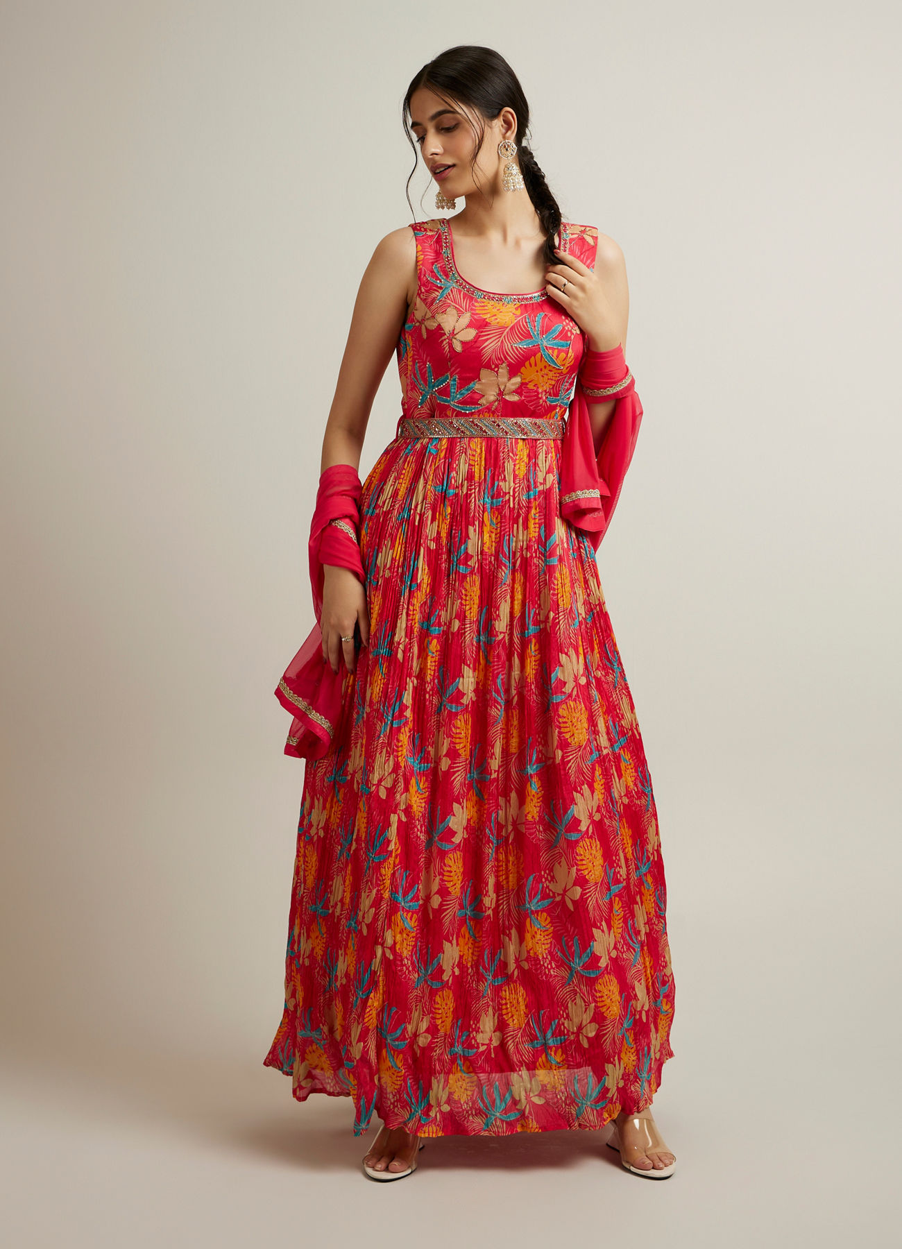 Mohey Women Rani Pink Floral Patterned Sequinned Anarkali Suit