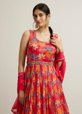 Mohey Women Rani Pink Floral Patterned Sequinned Anarkali Suit