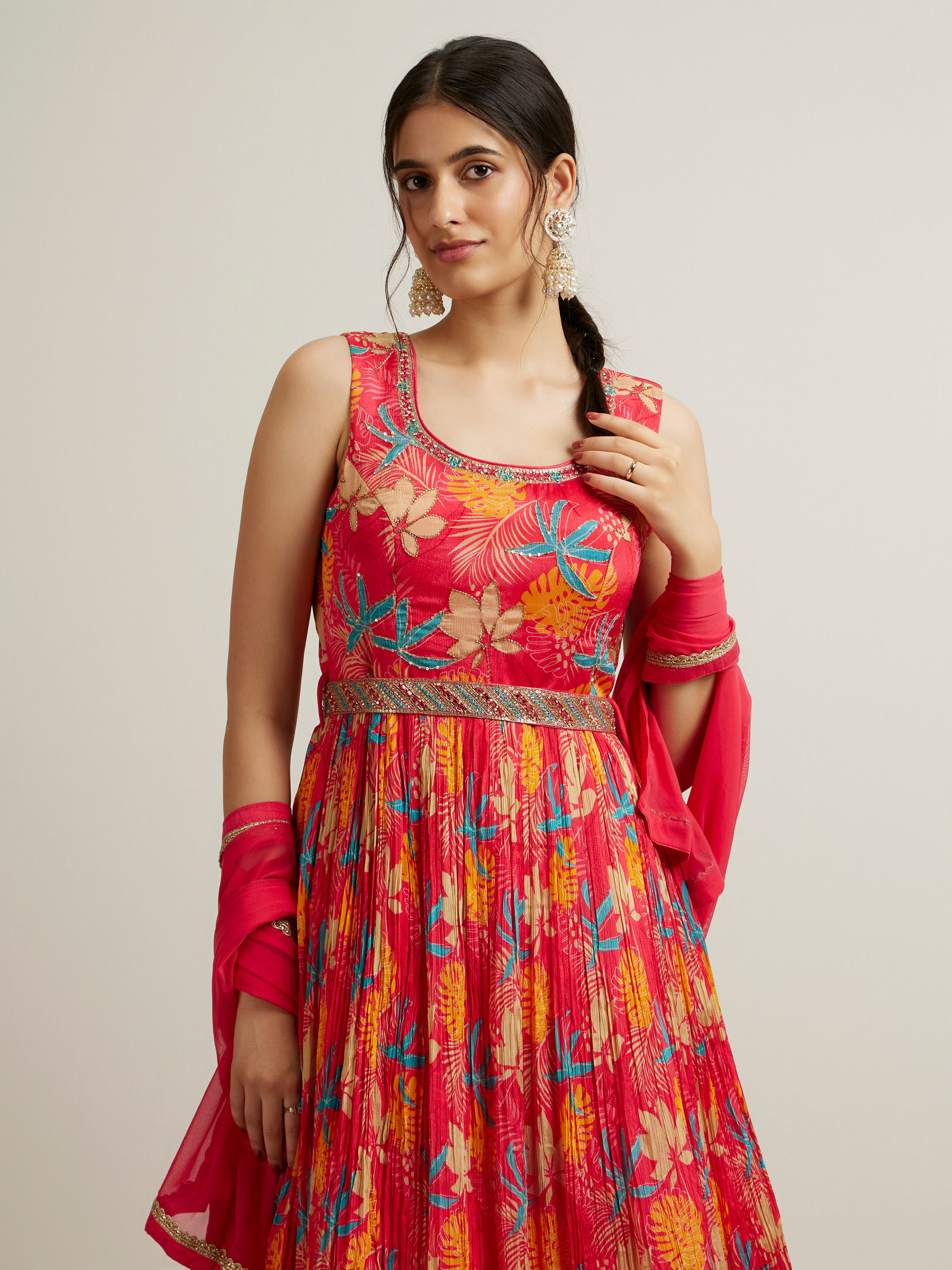 Mohey Women Rani Pink Floral Patterned Sequinned Anarkali Suit