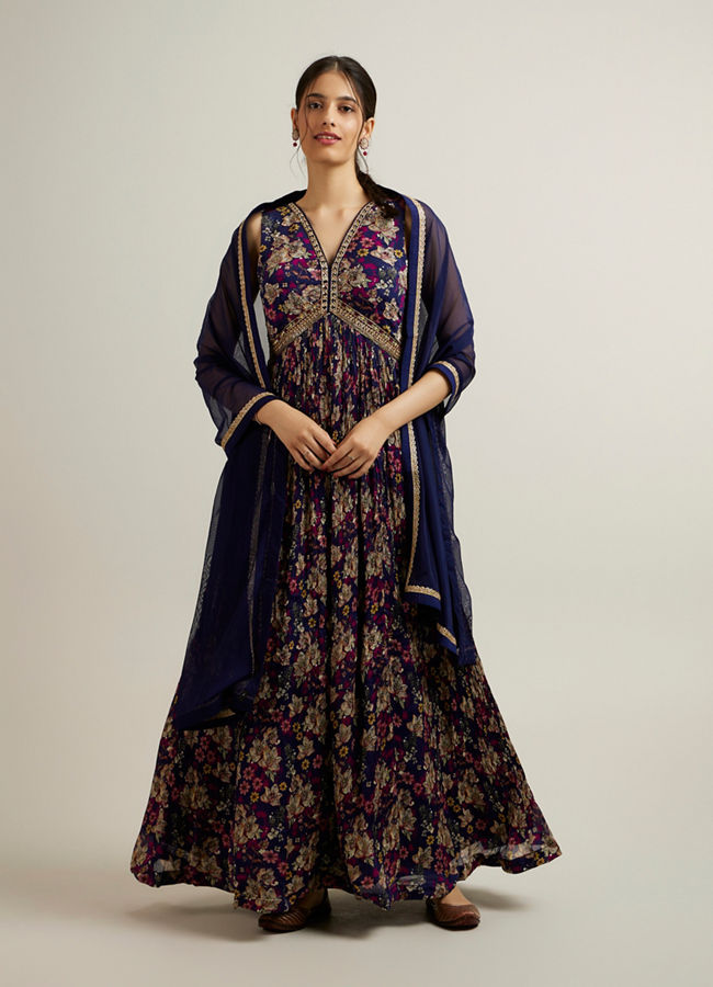 Mohey Women Indigo Blue Chinon with Hand Embroidery Anarkali Suit