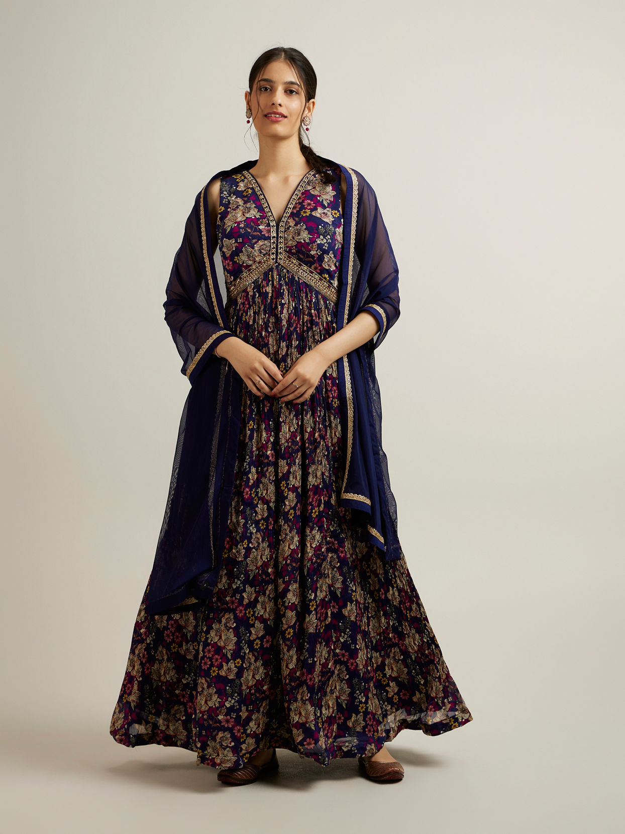 Mohey Women Indigo Blue Chinon with Hand Embroidery Anarkali Suit