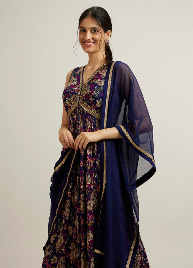 Mohey Women Indigo Blue Chinon with Hand Embroidery Anarkali Suit