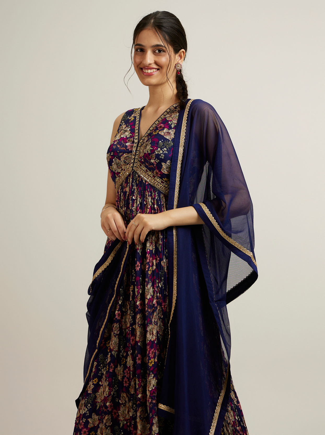 Mohey Women Indigo Blue Chinon with Hand Embroidery Anarkali Suit