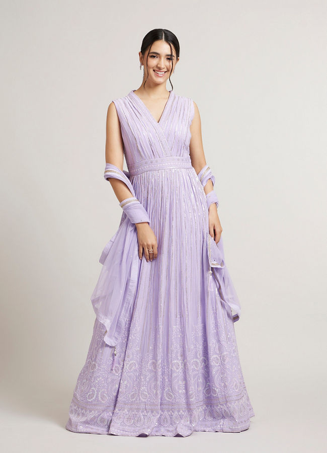 Mohey Women Mauve Purple Anarkali Suit Set with Linear And Paisley Patterns