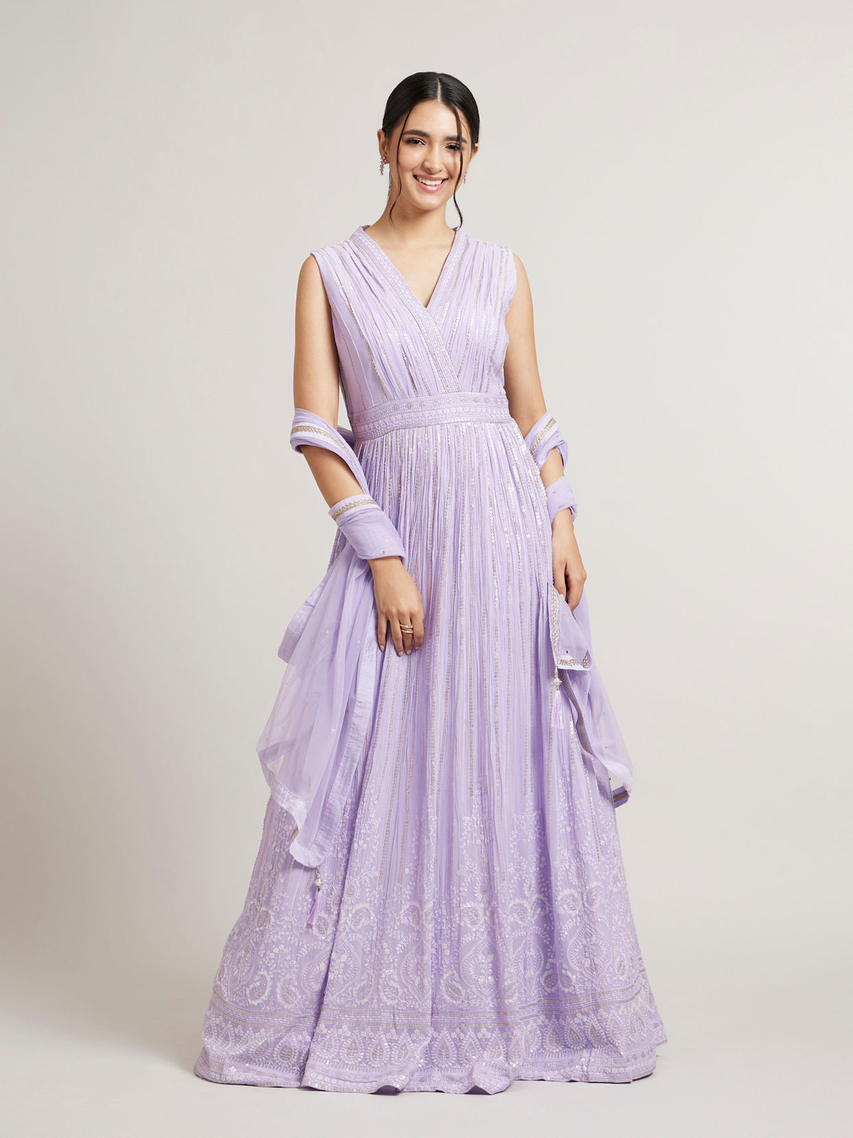 Mohey Women Mauve Purple Anarkali Suit Set with Linear And Paisley Patterns