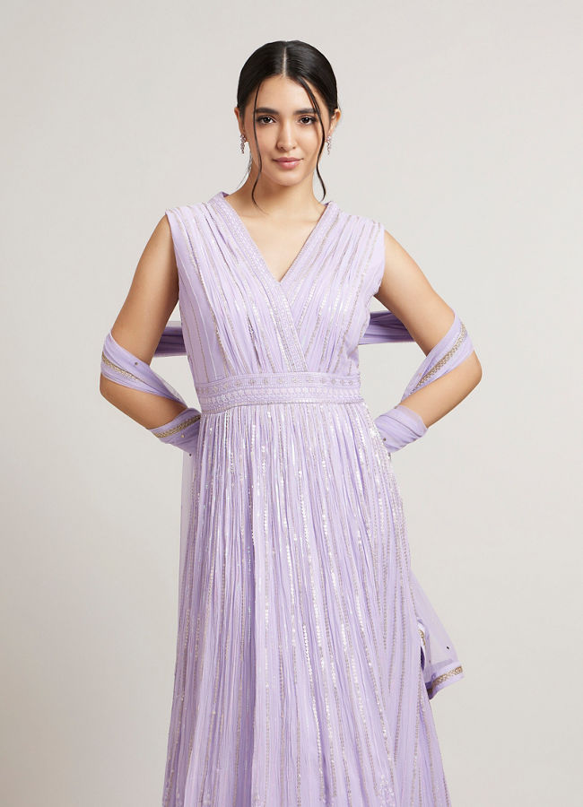 Mohey Women Mauve Purple Anarkali Suit Set with Linear And Paisley Patterns