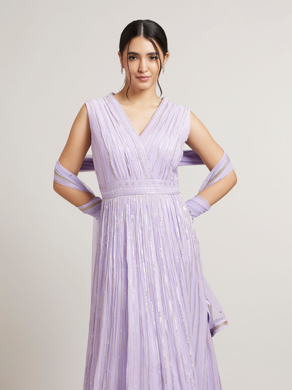 Mohey Women Mauve Purple Anarkali Suit Set with Linear And Paisley Patterns