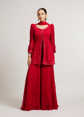 Mohey Women Cherry Red Bel Buti Embroidered Palazzo Suit Set