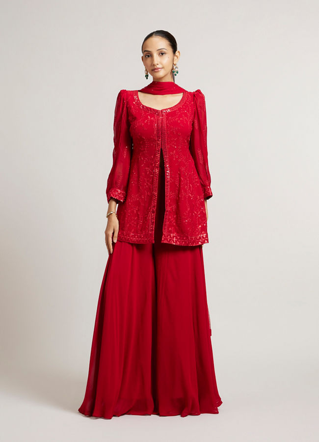 Mohey Women Cherry Red Bel Buti Embroidered Palazzo Suit Set