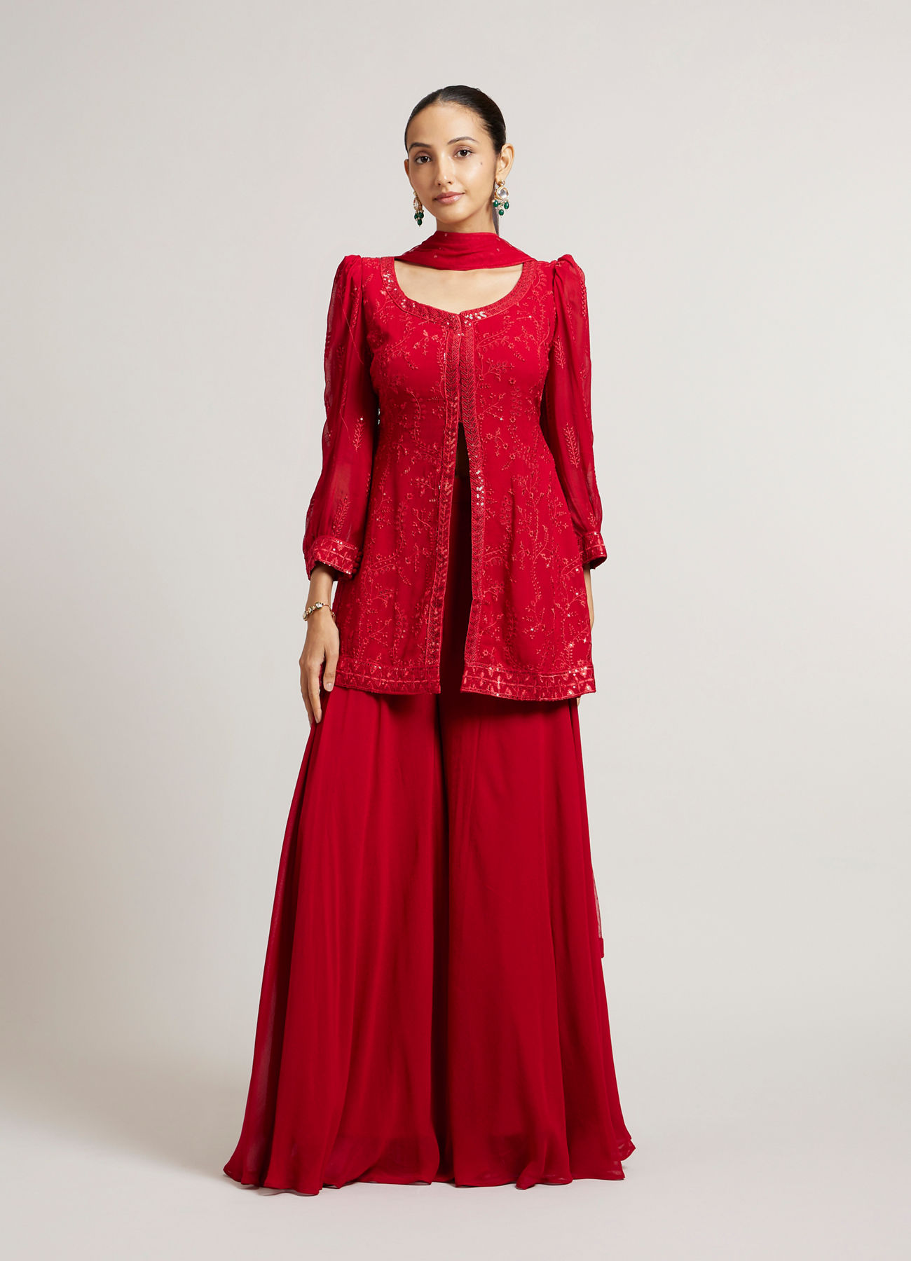 Mohey Women Cherry Red Bel Buti Embroidered Stitched Suit Set with Sequin Work & Cuffed Sleeves