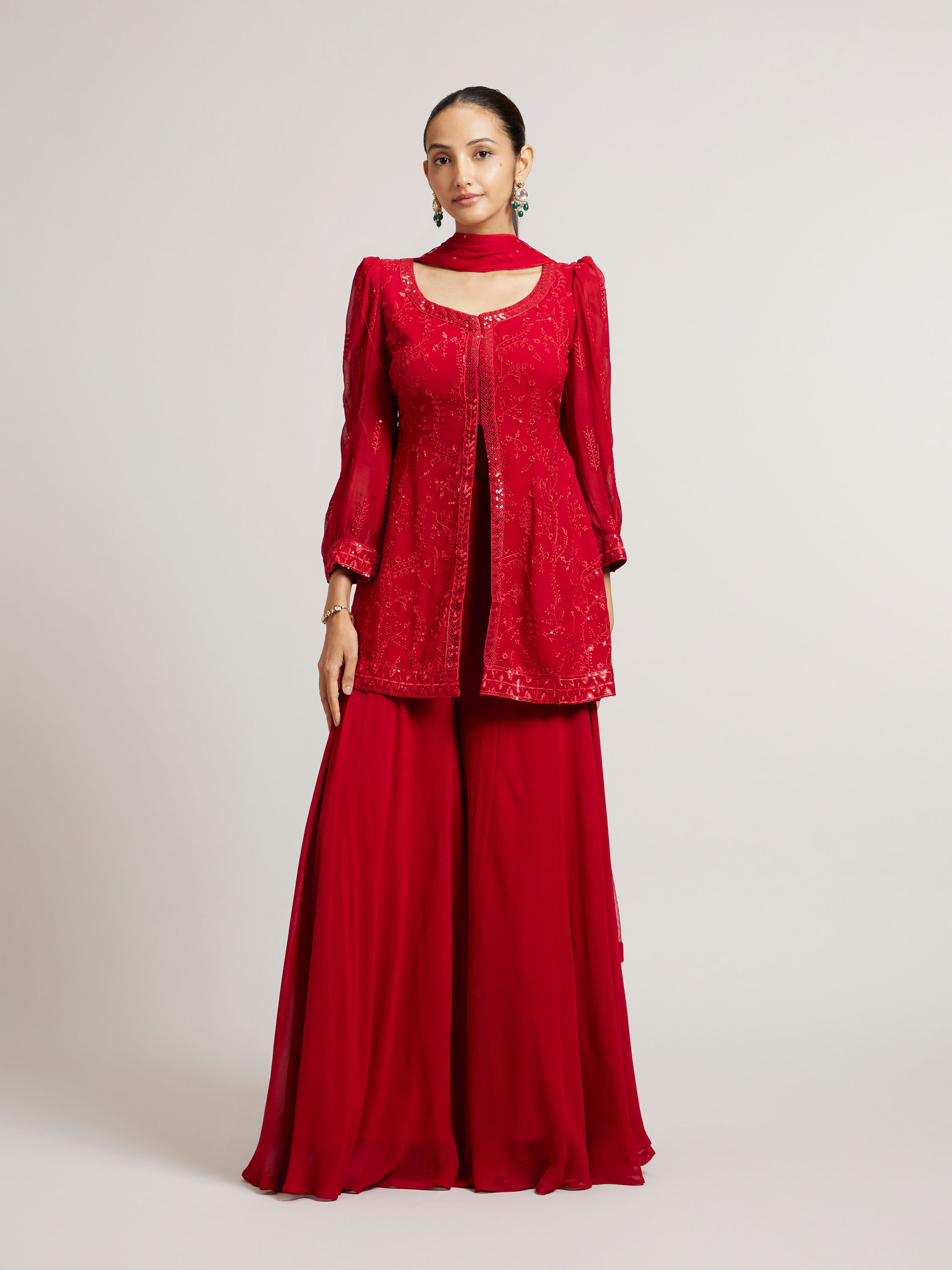 Mohey Women Cherry Red Bel Buti Embroidered Stitched Suit Set with Sequin Work & Cuffed Sleeves