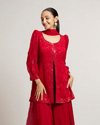 Mohey Women Cherry Red Bel Buti Embroidered Stitched Suit Set with Sequin Work & Cuffed Sleeves