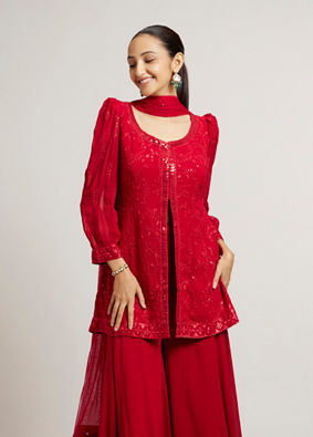 Mohey Women Cherry Red Bel Buti Embroidered Palazzo Suit Set