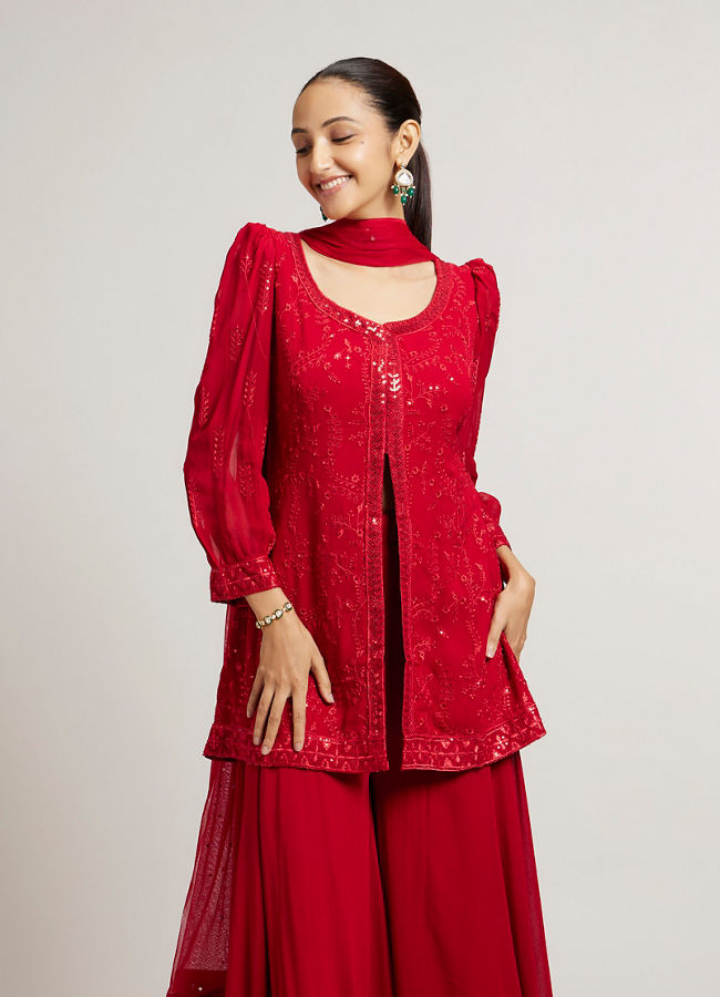 Mohey Women Cherry Red Bel Buti Embroidered Stitched Suit Set with Sequin Work & Cuffed Sleeves image number 1