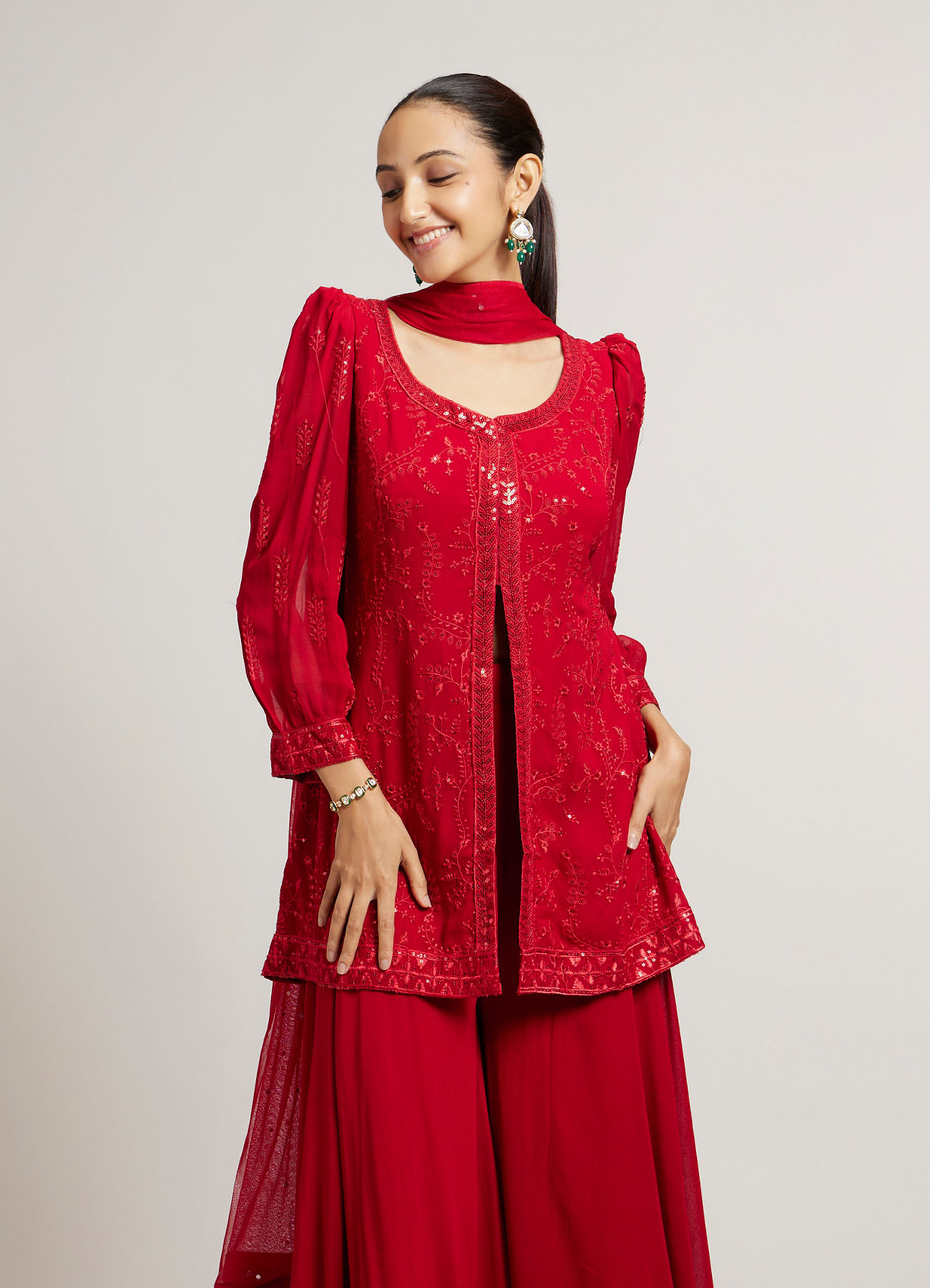 Mohey Women Cherry Red Bel Buti Embroidered Stitched Suit Set with Sequin Work & Cuffed Sleeves